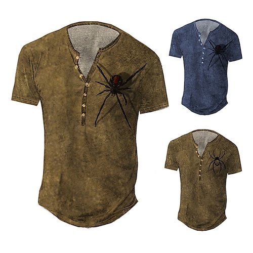 

Men's Henley Shirt Tee T shirt Tee 3D Print Graphic Spider Insects Plus Size Henley Daily Sports Button-Down Print Short Sleeve Tops Basic Casual Classic Designer Blue Light Brown Brown / Summer