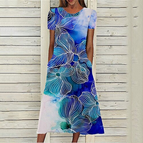 

Women's A Line Dress Midi Dress Blue Short Sleeve Floral Pocket Print Spring Summer Round Neck Stylish Casual Modern 2022 S M L XL XXL 3XL