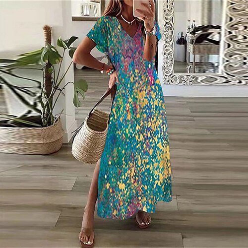 

Women's Shift Dress Maxi long Dress Blue Brown Yellow Short Sleeve Print Color Gradient Split Print Spring Summer V Neck Casual Vacation 2022 S M L XL XXL 3XL