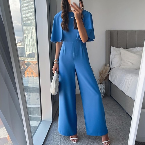 

Women's Jumpsuit Ruffle Solid Color Crew Neck Elegant Party Regular Fit Short Sleeve Blue S M L Spring