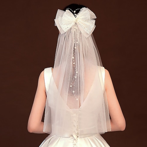 

Two-tier Cute Wedding Veil Elbow Veils with Faux Pearl / Satin Bow 23.62 in (60cm) Tulle