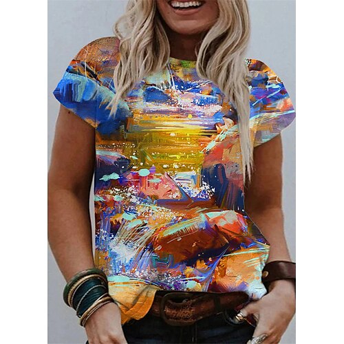 

Women's Plus Size Tops T shirt Scenery Print Short Sleeve Crewneck Streetwear Daily Going out Cotton Spandex Jersey Spring Summer Green Blue