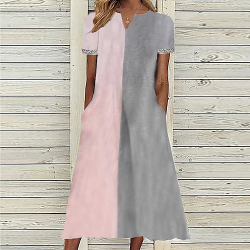 

Women's A Line Dress Midi Dress Pink Short Sleeve Color Block Pocket Print Spring Summer V Neck Casual Vacation 2022 S M L XL XXL 3XL