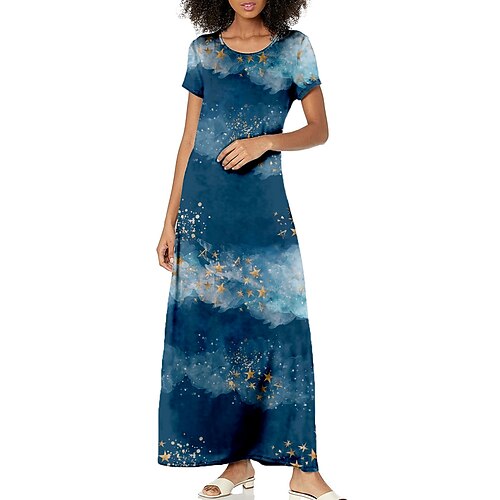 

Women's A Line Dress Maxi long Dress Blue Purple Navy Blue Short Sleeve Color Gradient Print Spring Summer Crew Neck Vacation Classic 2022 S M L XL XXL 3XL / 3D Print
