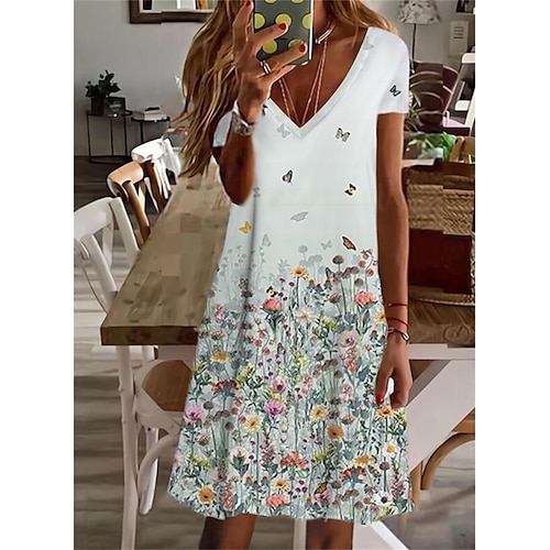 

Mujer Vestido informal Vestido de cambio Blanco Manga Corta Floral Estampado Primavera Verano Escote en Pico Holgado 2022 S M L XL XXL 3XL