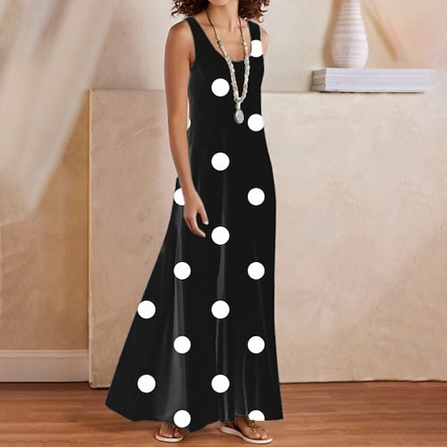 

Women's A Line Dress Maxi long Dress Black Sleeveless Polka Dot Backless Cold Shoulder Spring Summer Round Neck Casual 2022 S M L XL XXL 3XL