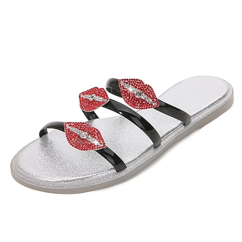 

Women's Sandals Flat Sandals Rhinestone Flat Heel Round Toe Open Toe Elegant Casual Party Beach PU Leather Elastic Band Spring Summer Solid Colored White Black Rosy Pink