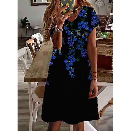 

Femme Robe casual Manche Courte Printemps Eté Imprimer Floral Col V Ample 2022 Boom Vente Robe Bleu S M L XL XXL 3XL