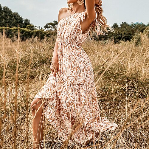 

Women's A Line Dress Maxi long Dress White Sleeveless Floral Print Spring Summer One Shoulder Stylish Elegant Romantic 2022 S M L XL