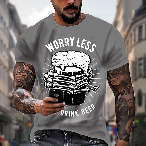 

Men's T shirt 3D Print Graphic Beer Crew Neck Casual Daily Print Short Sleeve Tops Fashion Vintage Designer Big and Tall Gray