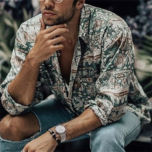

Men's Shirt Graphic Turndown Casual Daily Button-Down Long Sleeve Tops Casual Fashion Comfortable Sports Green / White