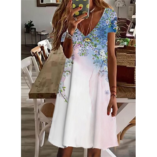 

Mulheres Vestido casual Vestido de turno Azul Manga Curta Floral Imprimir Primavera Verão Decote V Ajuste Largo 2022 S M L XL XXL 3XL