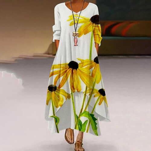 

Women's A Line Dress Maxi long Dress Green Blue Red Yellow Beige Long Sleeve Floral Butterfly Print Spring Summer Round Neck Casual 2022 S M L XL XXL 3XL 4XL 5XL