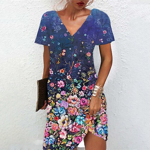 

Women's A Line Dress Short Mini Dress Blue Short Sleeve Floral Print Spring Summer V Neck Casual Vacation 2022 S M L XL XXL 3XL