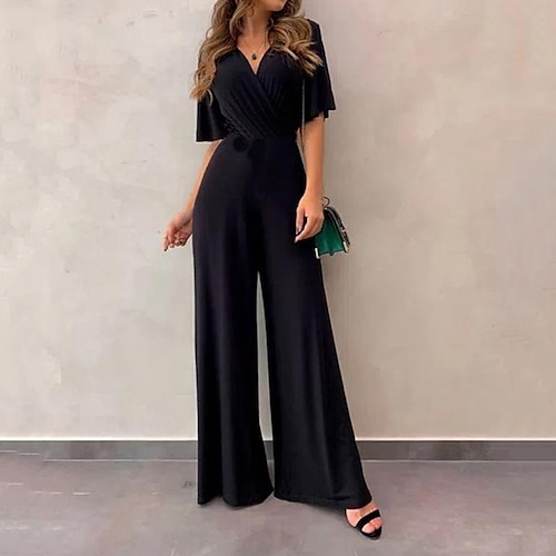 

Women's Jumpsuit Solid Color V Neck Elegant Street Daily Regular Fit Half Sleeve Green Black S M L Spring