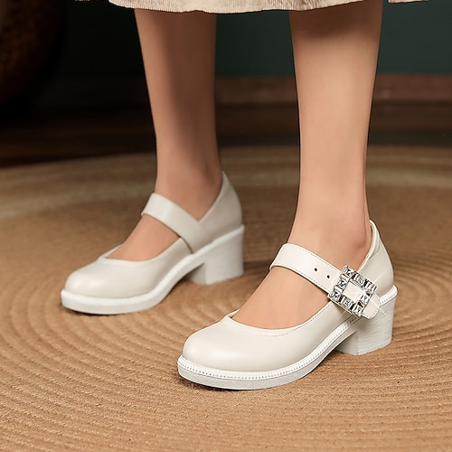 

Women's Heels Formal Shoes Sparkling Glitter Buckle Chunky Heel Round Toe Preppy Party Daily PU Leather Buckle Fall Summer Solid Colored White Black