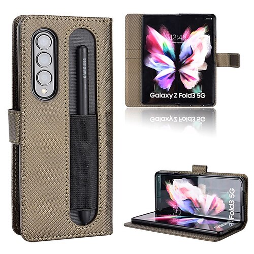 

Phone Case For Samsung Galaxy Wallet Card Z Fold3 Shockproof with Wrist Strap Card Holder Slots Solid Colored PU Leather