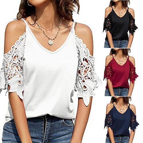 

Women's T shirt Tee Plain Casual Daily Holiday T shirt Tee Short Sleeve Lace V Neck Basic Essential Sexy White Black Blue S