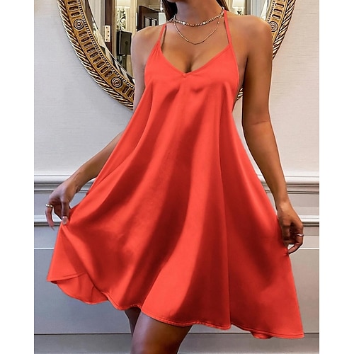 

Women's A Line Dress Short Mini Dress Orange Sleeveless Solid Color Ruched Spring Summer V Neck Spaghetti Strap Elegant Casual 2022 S M L XL XXL 3XL