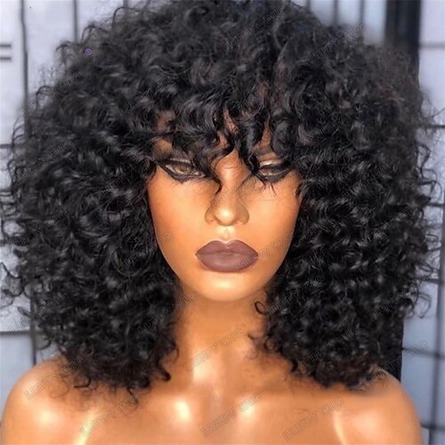 Remy Human Hair Wig Curly With Bangs Natural Black Capless