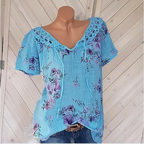 

Women's T shirt Tee Floral Graphic Patterned Casual Daily T shirt Tee Short Sleeve Lace V Neck Basic Essential Elegant Vintage White Blue Pink S