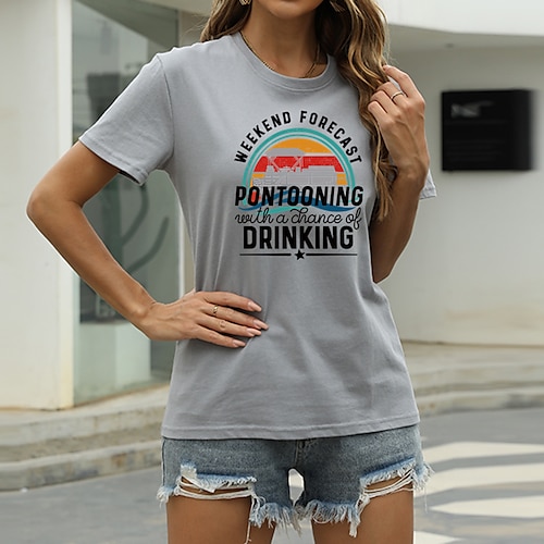

Women's T shirt Graphic Letter Print Round Neck Basic Tops Green Blue White