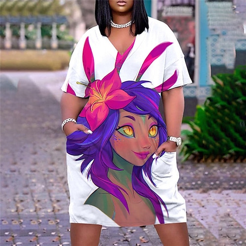 

Women's Plus Size Holiday Dress Graphic V Neck Print Short Sleeve Fall Spring Casual Knee Length Dress Causal Daily Dress / Heart