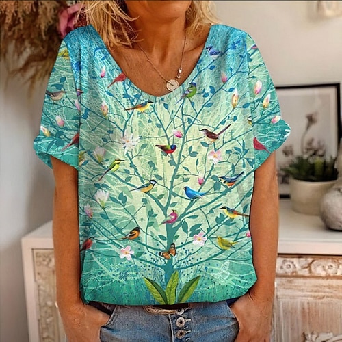 

Women's T shirt Tee Green Blue Purple Floral Bird Print Short Sleeve Casual Weekend Basic V Neck Regular Abstract Painting S / 3D Print