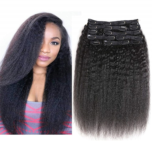 

kinky straight clip i human hair extensions til sorte kvinder klip i 100% remy hair til kvinder yaki straight clip ins ægte menneskehår 120 gram/sæt sort hair extensions