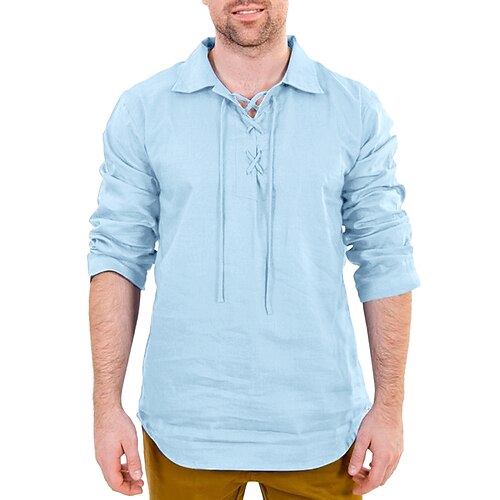 

Men's Shirt Solid Colored V Neck Party Casual Button-Down Long Sleeve Tops Casual Vintage Streetwear Blue White Black