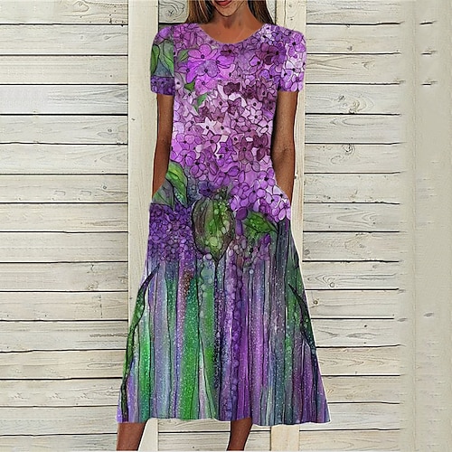

Women's A Line Dress Midi Dress Purple Short Sleeve Floral Pocket Print Spring Summer Round Neck Stylish Casual Modern 2022 S M L XL XXL 3XL
