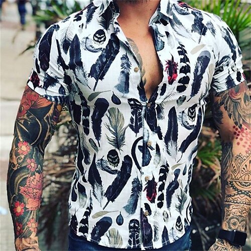 

Men's Shirt 3D Print Feather Turndown Street Casual 3D Button-Down Short Sleeve Tops Casual Fashion Breathable Comfortable Black / White