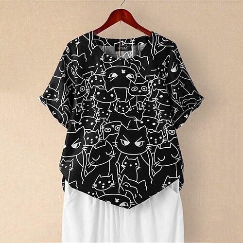 

Women's Plus Size Tops T shirt Cat Animal Print Short Sleeve Crewneck Streetwear Daily Going out Polyester Spring Summer Black