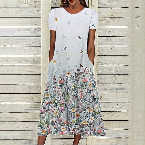 

Women's A Line Dress Midi Dress Gray Short Sleeve Floral Pocket Print Spring Summer Round Neck Stylish Casual Modern 2022 S M L XL XXL 3XL