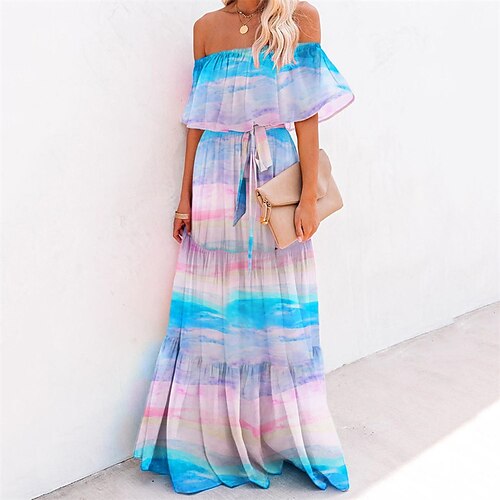 

Women's Party Dress Swing Dress Long Dress Maxi Dress Black Blue Pink Short Sleeve Floral Ruffle Spring Summer Off Shoulder Party 2022 S M L XL XXL