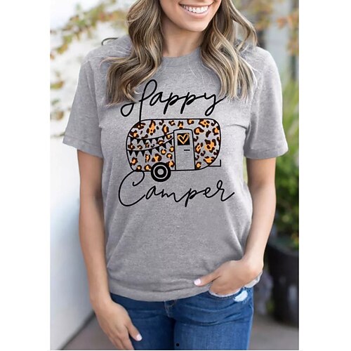 

Women's Painting T shirt Leopard Text Print Round Neck Basic Tops Gray