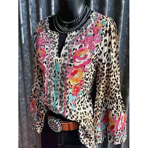 

Women's Plus Size Tops Blouse Shirt Floral Leopard Print Long Sleeve V Neck Streetwear Daily Vacation Polyester Fall Winter Brown