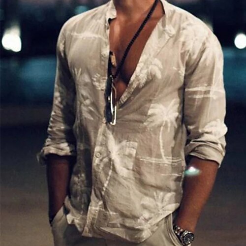 

Men's Shirt Hot Stamping Graphic Coconut Tree Stand Collar Street Casual Button-Down Print Long Sleeve Tops Fashion Classic Comfortable Big and Tall Khaki