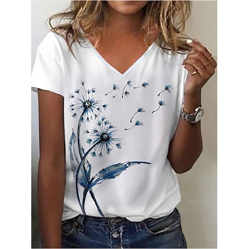 

T shirt Tee Femme Blanche Fleur Patchwork Imprimer Manche Courte Casual du quotidien basique Col V Normal Standard S