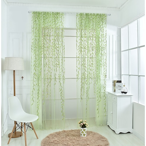 

1 Panel Green Leaf Pattern Sheer Curtain for Bedroom/Living Room Semi Transparent Farmhouse Window Net Panels with Rod Pocket