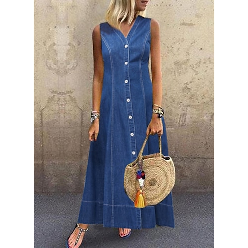 

Per donna Abiti di jeans Abito linea A Abito camicia di jeans Vestito maxi Denim Informale Sensuale Giornaliero Da mare A V Increspato Pulsante Senza maniche Estate Primavera Autunno 2023 Standard Blu