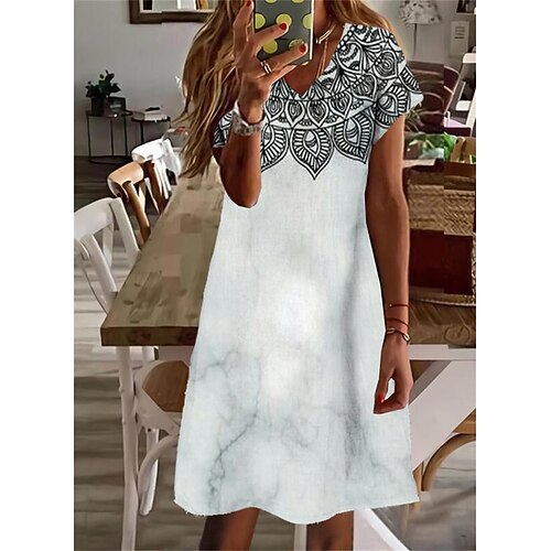 

Women's Shift Dress Knee Length Dress White Short Sleeve Floral Print Spring Summer V Neck Stylish Casual 2022 S M L XL XXL 3XL