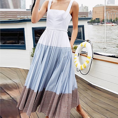 

Women's Strap Dress Maxi long Dress White Sleeveless Color Block Backless Cold Shoulder Spring Summer Spaghetti Strap Casual 2022 S M L XL