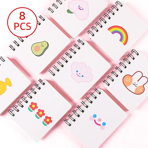 

8 pcs Spiral Plain A7 2.9×4.1 Inch Kawaii Cartoon Cute Paper SoftCover Mini 80 Pages Notebook for School Office Traveler