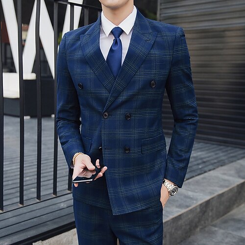 

Blue Men's Wedding Business / Ceremony / Wedding Homecoming Suits 3 Piece Patterned Tailored Fit Double Breasted Six-buttons 2022