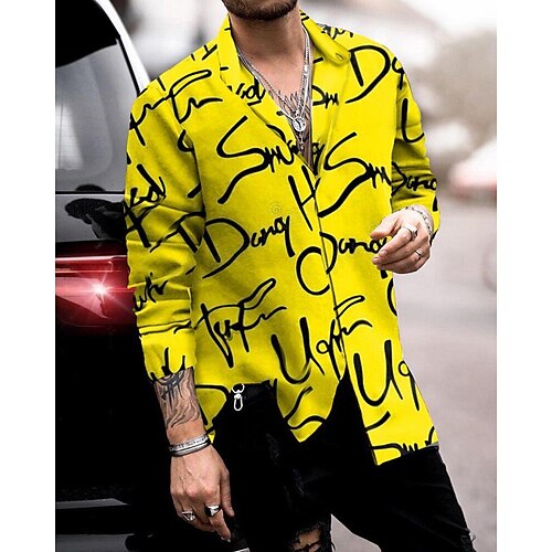 

Men's Casual Shirt Graphic Shirt Letter Turndown Yellow 3D Print Home Street Long Sleeve Clothing Apparel Fashion Designer Elegant Casual / Work