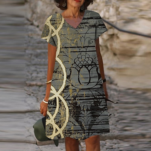 

Mulheres Vestido casual Vestido de turno Cinzento Manga Curta Floral Imprimir Primavera Verão Decote V Ajuste Largo 2022 S M L XL XXL 3XL