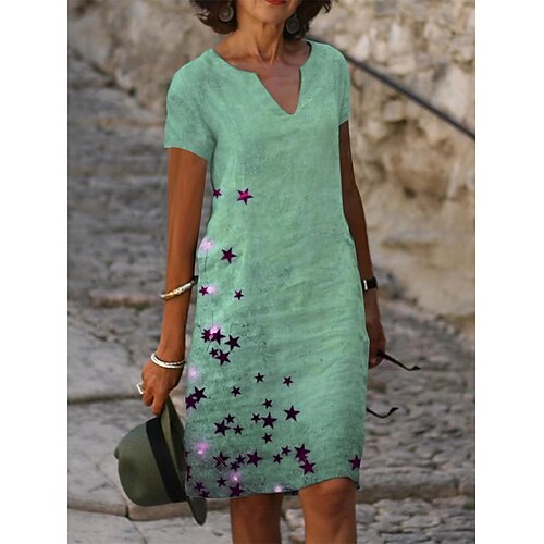 

Women's Casual Dress Midi Dress Green Short Sleeve Print Spring Summer V Neck Basic Weekend Loose Fit Linen S M L XL XXL 3XL