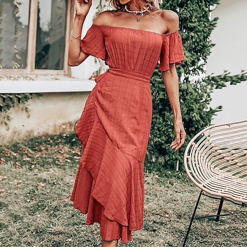 

Women's Bodycon Midi Dress Orange Short Sleeve Pure Color Ruffle Spring Summer Off Shoulder Stylish Elegant Vacation 2022 S M L XL