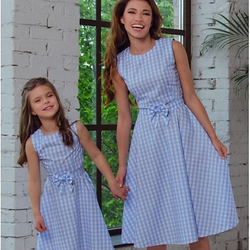 

Mommy and Me Dresses Plaid Daily Bow Light Blue Sleeveless Knee-length T Shirt Dress Tee Dress Daily Matching Outfits